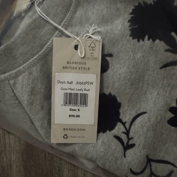 NWT Boden Sweatshirt Womens Grey Marl Leafy Bud Crew Neck Cotton Stretch - Picture 4 of 4